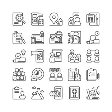 Business and management process concept icon set. For a corporate company, office and freelance project. Vector illustration signs and symbols in outline style, editable stroke, pixel perfect 64x64.