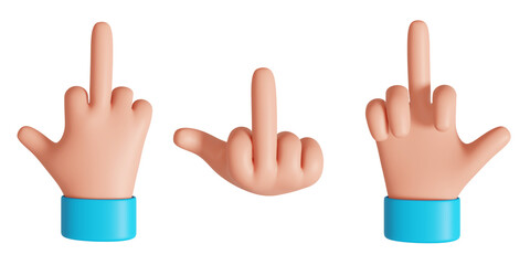 Cartoon hand showing middle finger. Fuck you gesture isolated on white background. 3D rendered image.