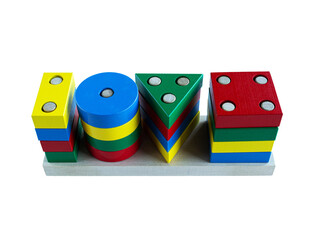 Wooden sorting and stacking educational toy, isolated