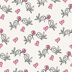 Seamless patterns with birds and hearts. Loving birds. Vector graphics. Suitable for fabric, paper, background. 