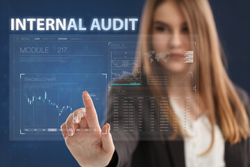 Business, Technology, Internet and network concept. Young businessman working on a virtual screen of the future and sees the inscription: Internal audit