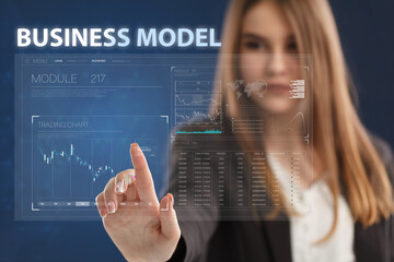 Business, Technology, Internet and network concept. Young businessman working on a virtual screen of the future and sees the inscription: Business model