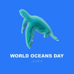 World oceans day banner in paper cut style. Paper cut concept banner with turtle on a blue background.