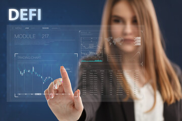 Business, Technology, Internet and network concept. Young businessman working on a virtual screen of the future and sees the inscription: DEFI