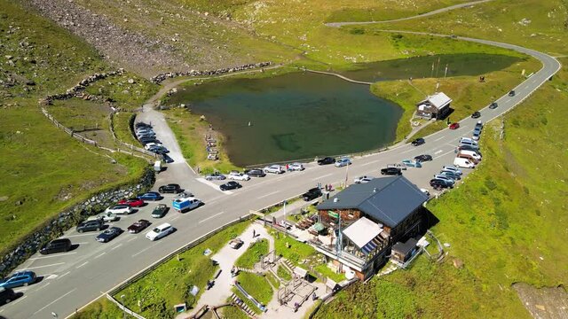 Fuscher Lacke aerial view, Grossglockner alpenstrasse in Austria. Drone viewpoint in summer season