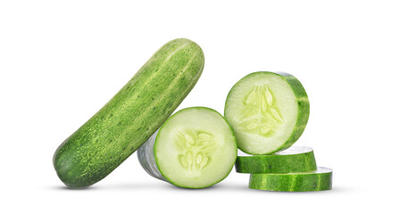 Cucumber and slices isolated on white background.