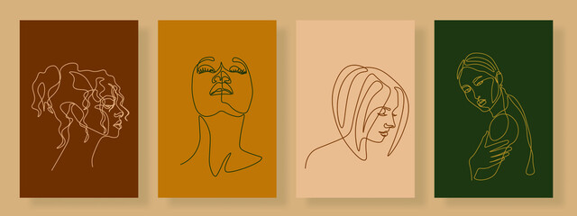 Surreal Faces Continuous line, drawing of set faces and hairstyle, fashion concept, woman beauty minimalist, vector illustration pretty sexy. Contemporary portrait

