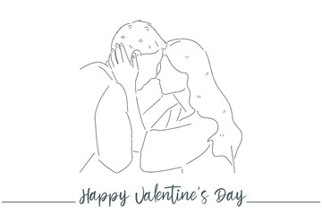 Continuous line of men and women show their love, kiss Valentine's Day Love Thailand vector illustration, hand-drawn lines, simple wedding couples.