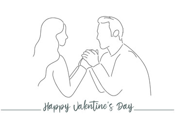 Continuous line of men and women show their love, kiss Valentine's Day Love Thailand vector illustration, hand-drawn lines, simple wedding couples.