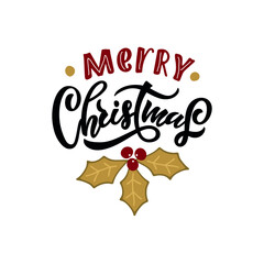 Merry Christmas text, handwritten phrase isolated on white background and holly leaves and berries. Modern brush calligraphy, lettering. Design for postcard, logo,poster, banner. Vector illustration