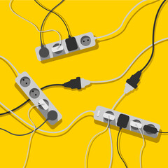 A mess of cables from several extension cords, electrical wires and chargers on a yellow background. Cable clutter. Cable management.  - obrazy, fototapety, plakaty