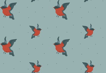 Bullfinch. Birds in flight. Snow. Winter time. Holiday. Seamless pattern. Design for paper, cover, fabric, interior decor.