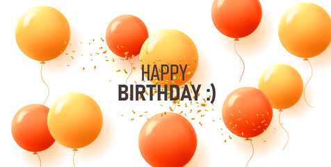 Happy Birthday festive background with red and orange round-shaped balloons and golden confetti