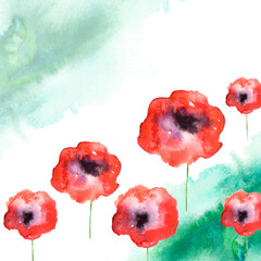 Watercolor painting. A bouquet of flowers of red poppies, rose, peony  wildflowers abstract spot, blot. blue, turquoise,  spot. Watercolor painted background. Abstract Illustration wallpaper. 