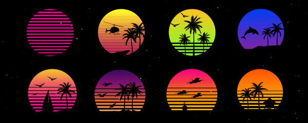Retro sunset graphic collection. Landscape set with outrun vector elements. Illustration template in 80's style. Palm trees, vehicles, birds.