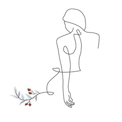 Vector illusstration in one line art style of silhouette of a woman. Line art illustration of lady in minimalist style for wall art, poster
