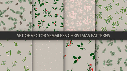 Collection of 8 winter hand drawn seamless patterns. Christmas vector textures. Happy New Year wrapping backgrounds