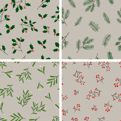 Set of 4 Christmas holiday vector patterns. Winter floral backgrounds design. Happy New Year textures