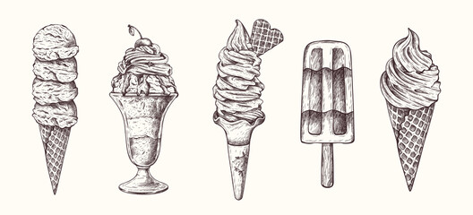 Vector hand drawn ice cream illustration in vintage engraved style.  Different types of ice cream. Dessert, sweets, menu design, restaurant, shop. Isolated on white background.