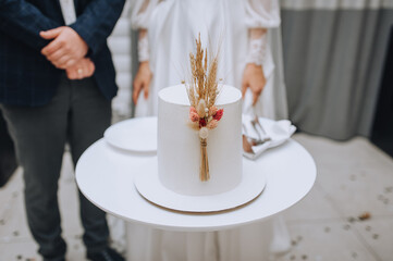 A beautiful white cake decorated with reeds stands on the table, against the backdrop of the newlyweds. Wedding photography.