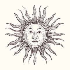 Vector hand drawn Sun illustration in vintage engraved style. Mystical element in boho style isolated on white background. Sun for astrology, divination, magic. Esoteric vector illustration