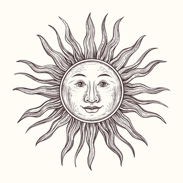 Vector hand drawn Sun illustration in vintage engraved style. Mystical element in boho style isolated on white background. Sun for astrology, divination, magic. Esoteric vector illustration