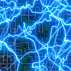 computer motherboard short circuit electronic lightning seamless pattern cyberspace connections wrap around 3D illustration