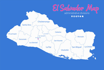 El Salvador map, administrative divisions whit names regions, blue background vector