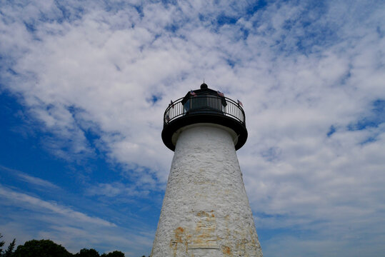Close up of Neds Point Lighthouse in Buzzards Bay, Massachusetts, USA.