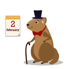 Cute groundhog in a hat for the Groundhog Day holiday. Vector cartoon character isolated on white background