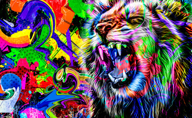 Colorful artistic lion muzzle with bright paint splatters 