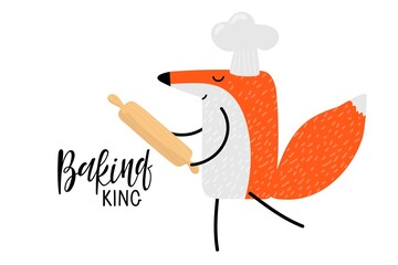 Baking King text and Cartoon fox with rolling pin and chefs hat. Vector hand drawn illustration on white. Cute cartoon character. Flat colors animal icon. For card, banner, kitchen decor.