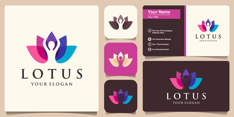 colorful Yoga Lotus pose in flower Logo design vector template. Health Beauty SPA Logotype concept icon and business card design
