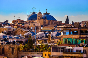 Panoramic view of Church of Holy Sepulcher from roof Austrian Hospice of Holy Family, refuge for...