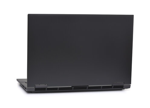 Back view of blank open gray slim laptop