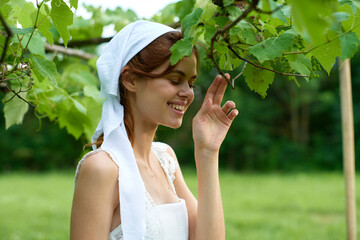 woman with white headband countryside nature garden agriculture