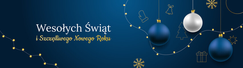 Merry Christmas and Happy New Year vector banner. Realistic rose gold and blue baubles, snowflakes hanging on dark blue background with realistic garland. Background with gold Christmas icon