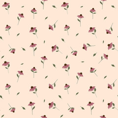 Seamless pattern with tiny flowers and leaves. Meadow wildflower. Floral background for wallpaper, paper, textile.
