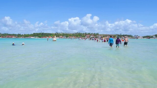 People walking in the middle of the sea at the Moses path, Maragogi AL, Brazil. Beautiful beach of the brazilian northeast, tourist destination background.