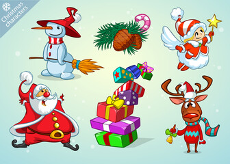 Set of cartoon Christmas characters. Illustrations of Santa Claus, reindeer, elf, snowman, angel. Vector