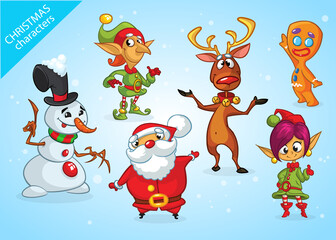 Set of cartoon Christmas characters. Illustrations of Santa Claus, reindeer, elf, snowman, angel. Vector