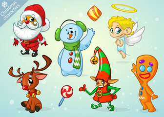 Set of cartoon Christmas characters. Illustrations of Santa Claus, reindeer, elf, snowman, angel. Vector