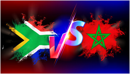 morocco vs south africa ongoing trade war conflict. Flag of two countries opposite to each other with vs text and background black.