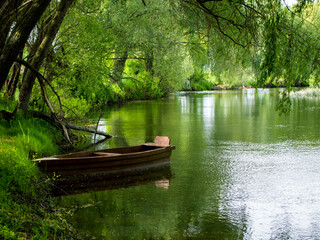 The small brown boat is moored to the river bank. Branches of large old trees bent over the water. Leaves floating on the surface of the reservoir. Picturesque landscape with lots of greenery.