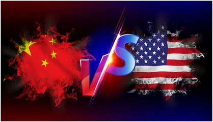 Fotobehang america vs china ongoing trade war conflict. Flag of two countries opposite to each other with vs text and background black. © issam