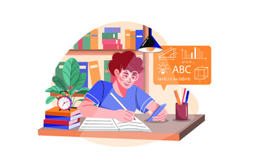 Schoolboy learning online course on mobile Illustration concept. Flat illustration isolated on white background