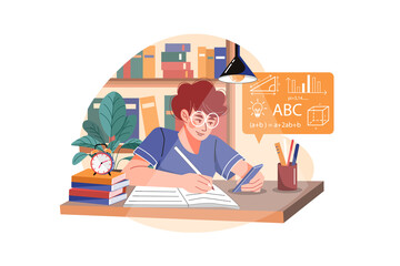 Schoolboy learning online course on mobile Illustration concept. Flat illustration isolated on...