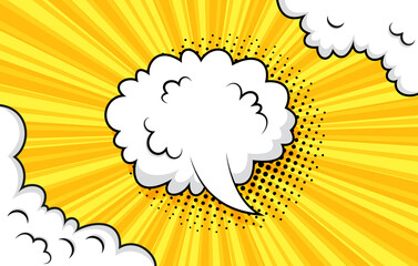 Pop art halftone background with speech bubble clouds. Funny banner in comic style. Retro yellow frame with smoke balloons and halftone. Cartoon bomb explosion. Sky air print. Vector illustration