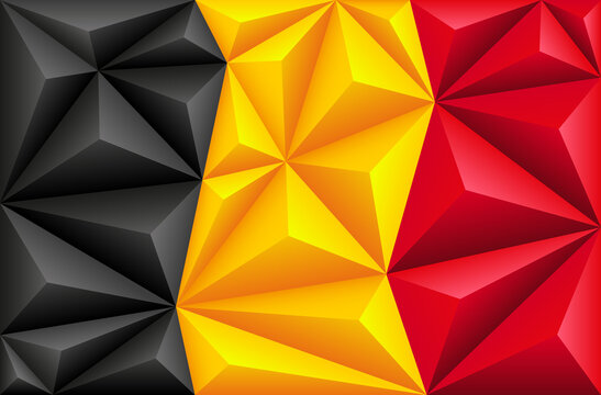 Abstract polygonal background in the form of colorful black, yellow and red stripes of the Belgian flag. Belgium polygonal flag.