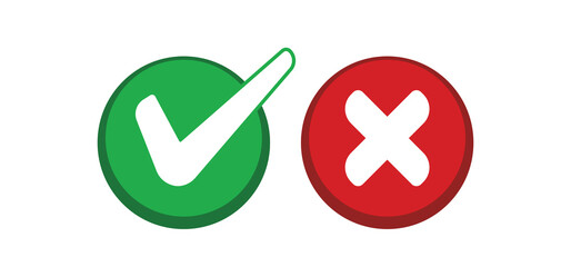 Check mark choice icons. Tick and x, confirm and deny circle icon button. Checkbox button for choose, circle answer box for checklist, approval sign.